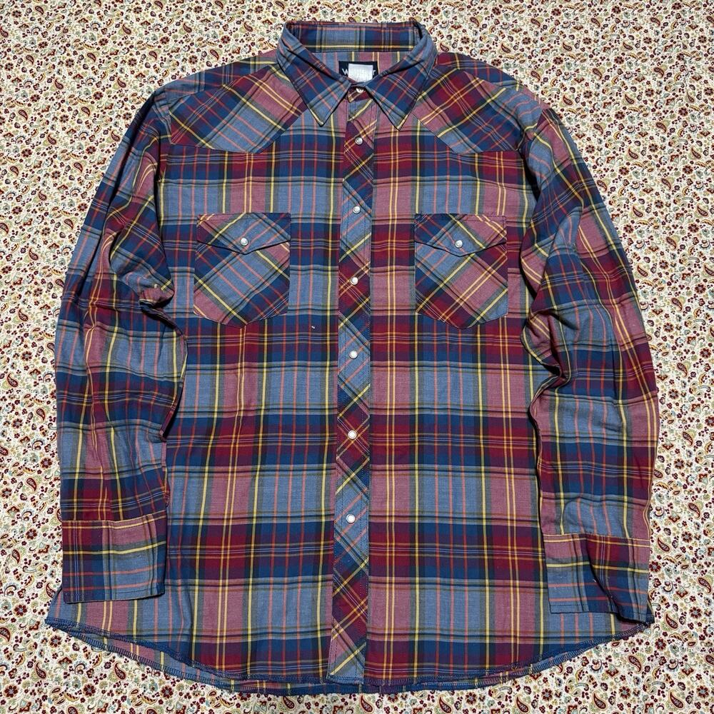 Wrangler Western Red/Navy Long Sleeve Plaided Pearl Snap XL